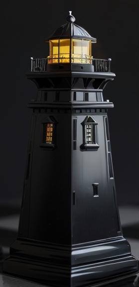 A Black Coordinator, cropped from an image generated by Leonardo.Ai and PhotoReal from the prompt 'an ebony chess piece of a four-sided lighthouse.'
