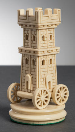 AI image drawn by Fergus Duniho with Ideogram, depicting a medieval siege tower with four sides, multiple levels, and wheels at its base.